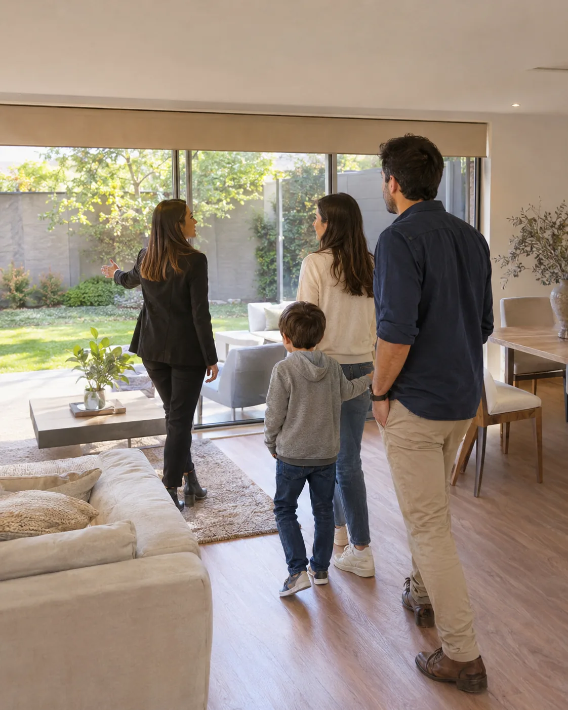 Comprar una casa usada antes de firmar: una familia recorre una casa en venta acompañada por la corredora