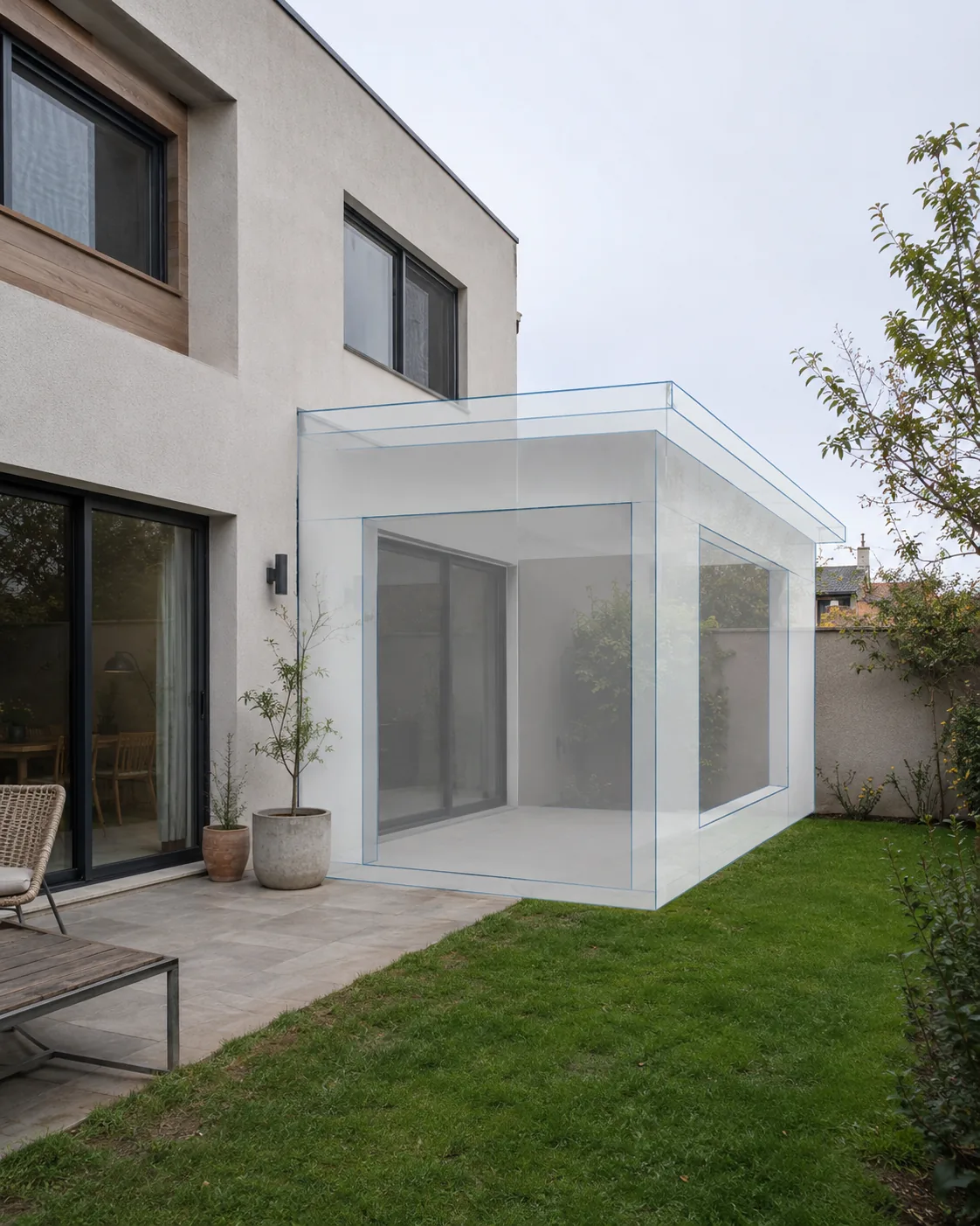 Antes de ampliar o remodelar una vivienda: volumen de una ampliación proyectada sobre el patio de una casa