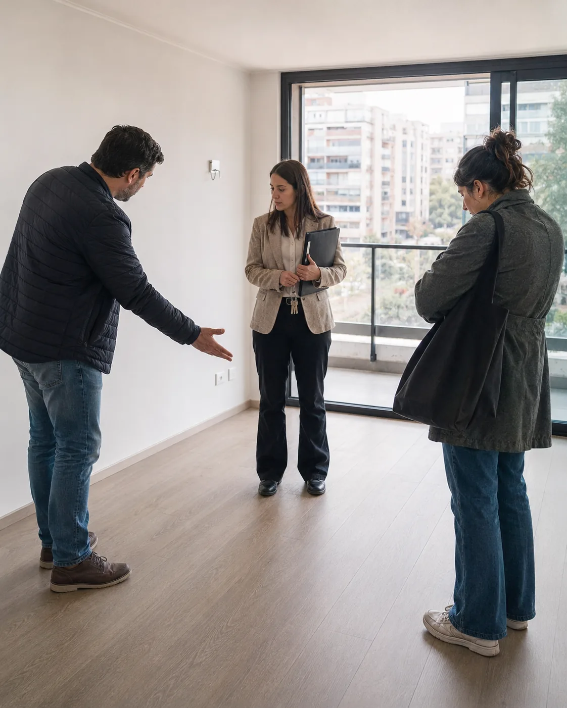 Corredores de propiedades y el daño en una venta: un corredor de propiedades muestra un departamento vacío a dos personas que lo visitan