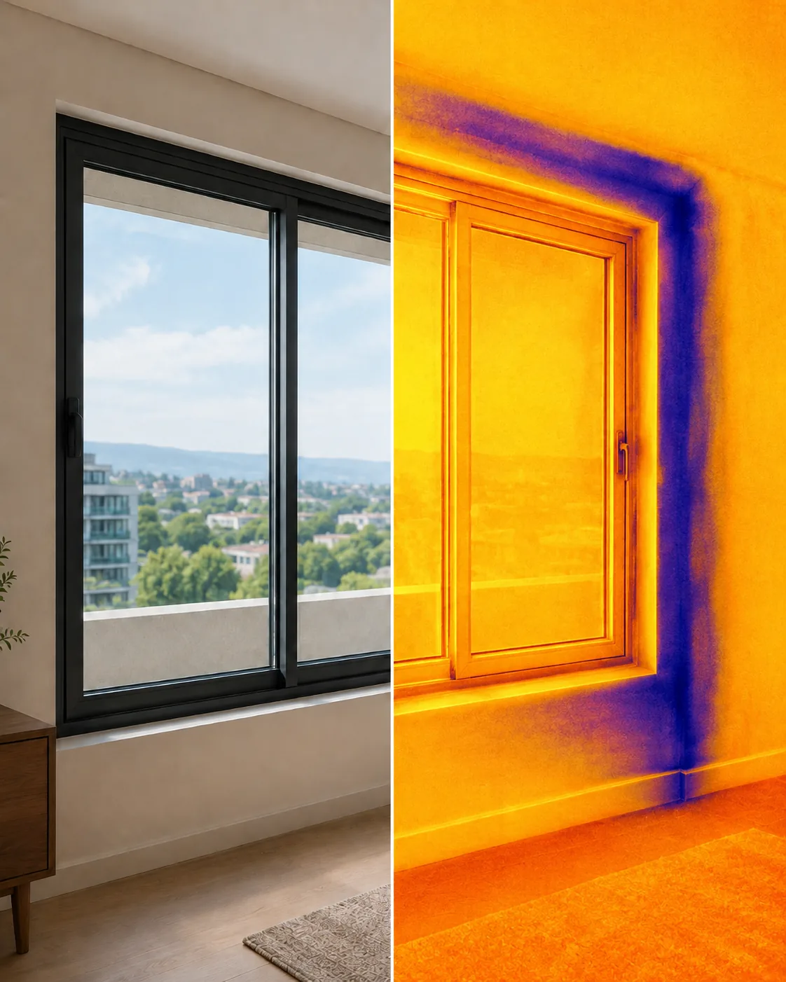 Humedad, filtraciones o grietas en la vivienda: la misma ventana en fotografía y en termografía: alrededor del marco aparece en frío la infiltración