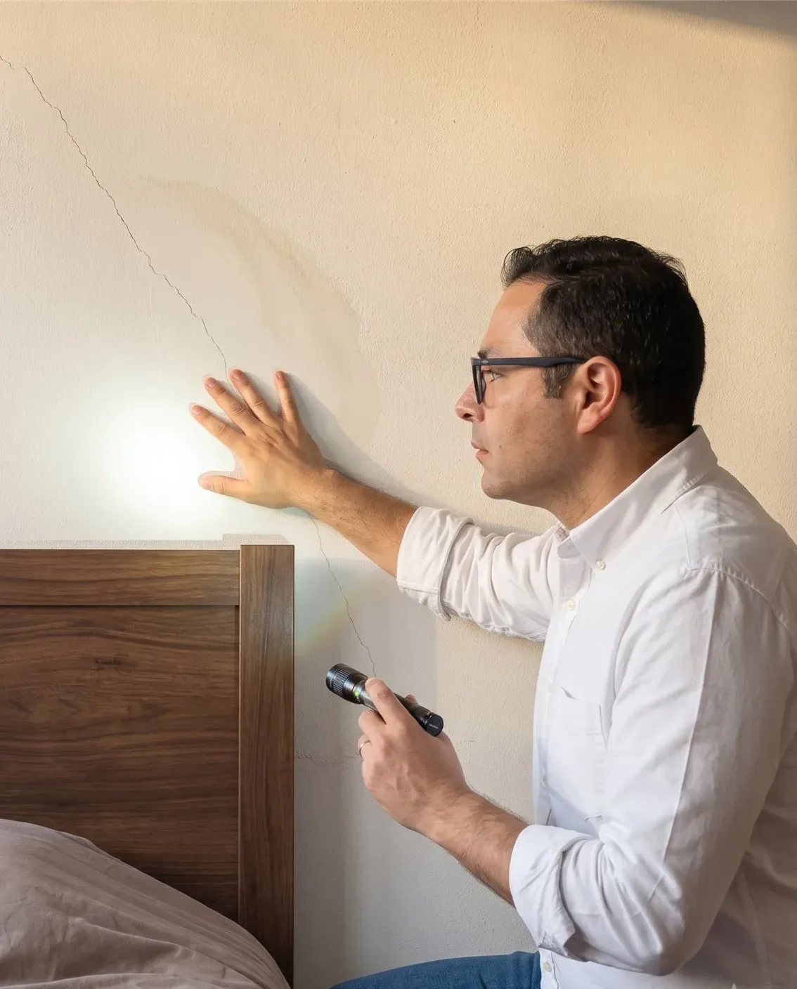Opinión técnica independiente sobre un inmueble en Santiago: Constructor Civil alumbrando con una linterna una fisura vertical en el muro de un dormitorio