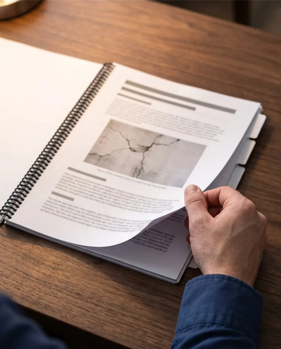 Informe técnico encuadernado sobre un escritorio, con una fotografía de una grieta dentro del documento