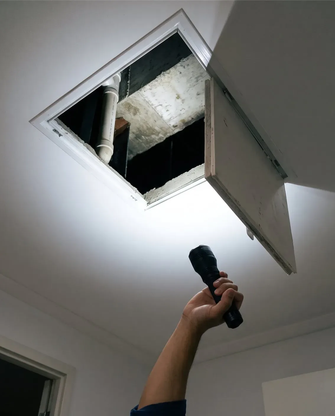 Opinión técnica independiente en terreno: mano levantando la tapa de un registro de inspección en un cielo raso, con una linterna iluminando la cavidad