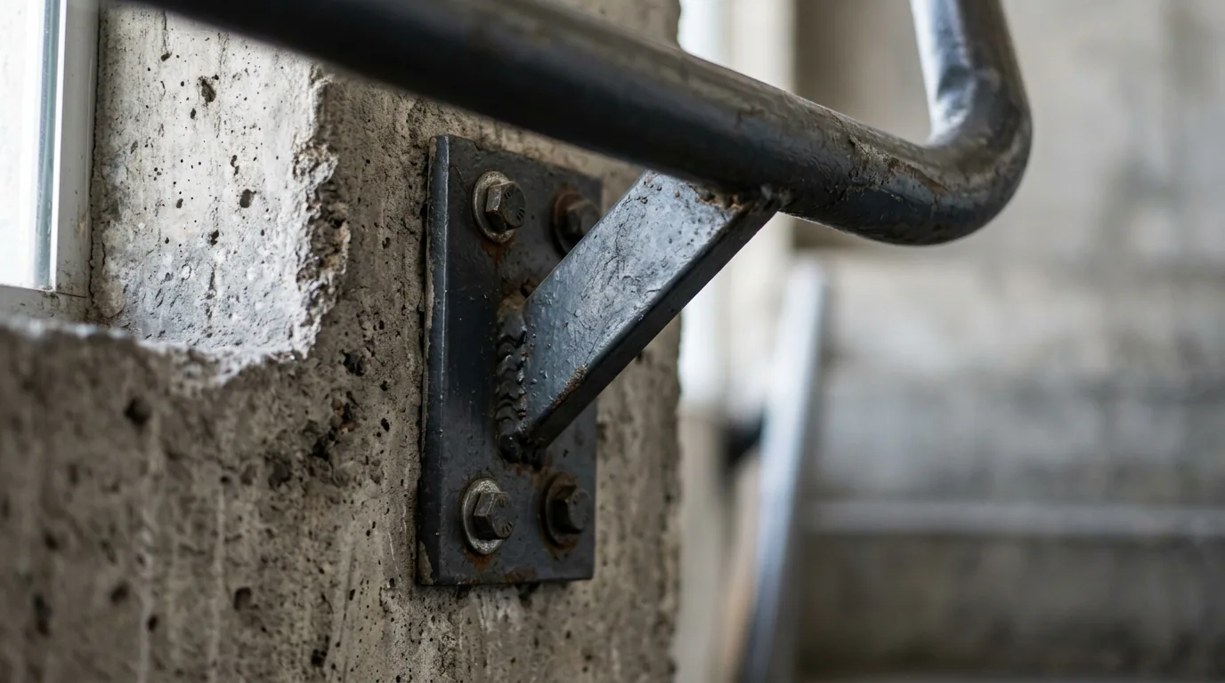 Accidente en un área común: detalle del anclaje metálico de un pasamanos fijado al canto de un muro de hormigón.
