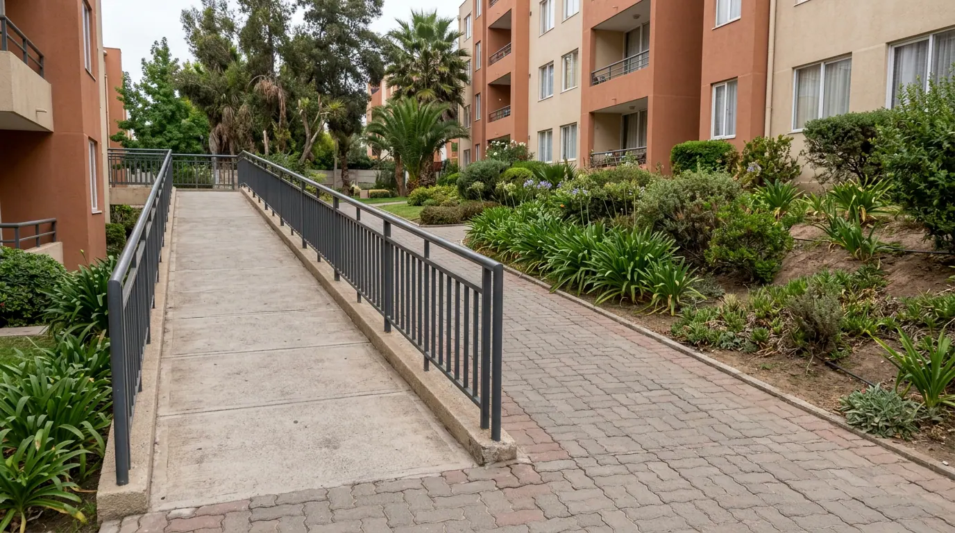 Accidente en un área común: rampa de acceso peatonal con barandas en el área común de un condominio.