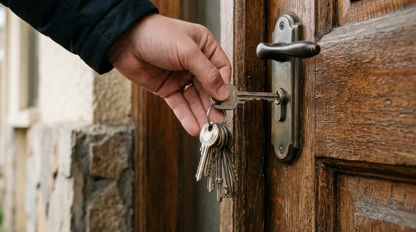 Acta de entrega de un arriendo: mano introduciendo un juego de llaves en la cerradura de la puerta de acceso de una vivienda.