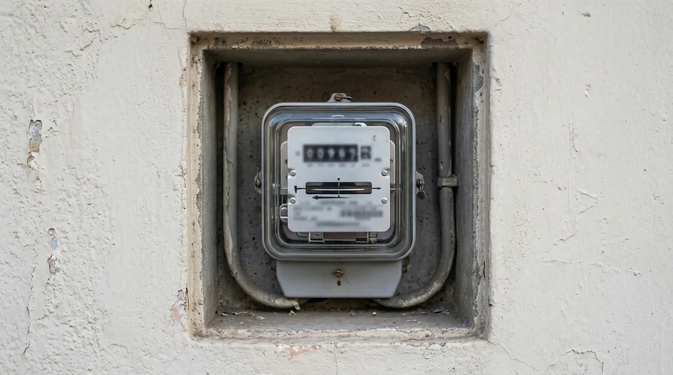Acta de entrega de un arriendo: medidor eléctrico empotrado en el muro exterior de una vivienda, con la carátula y su lectura a la vista.