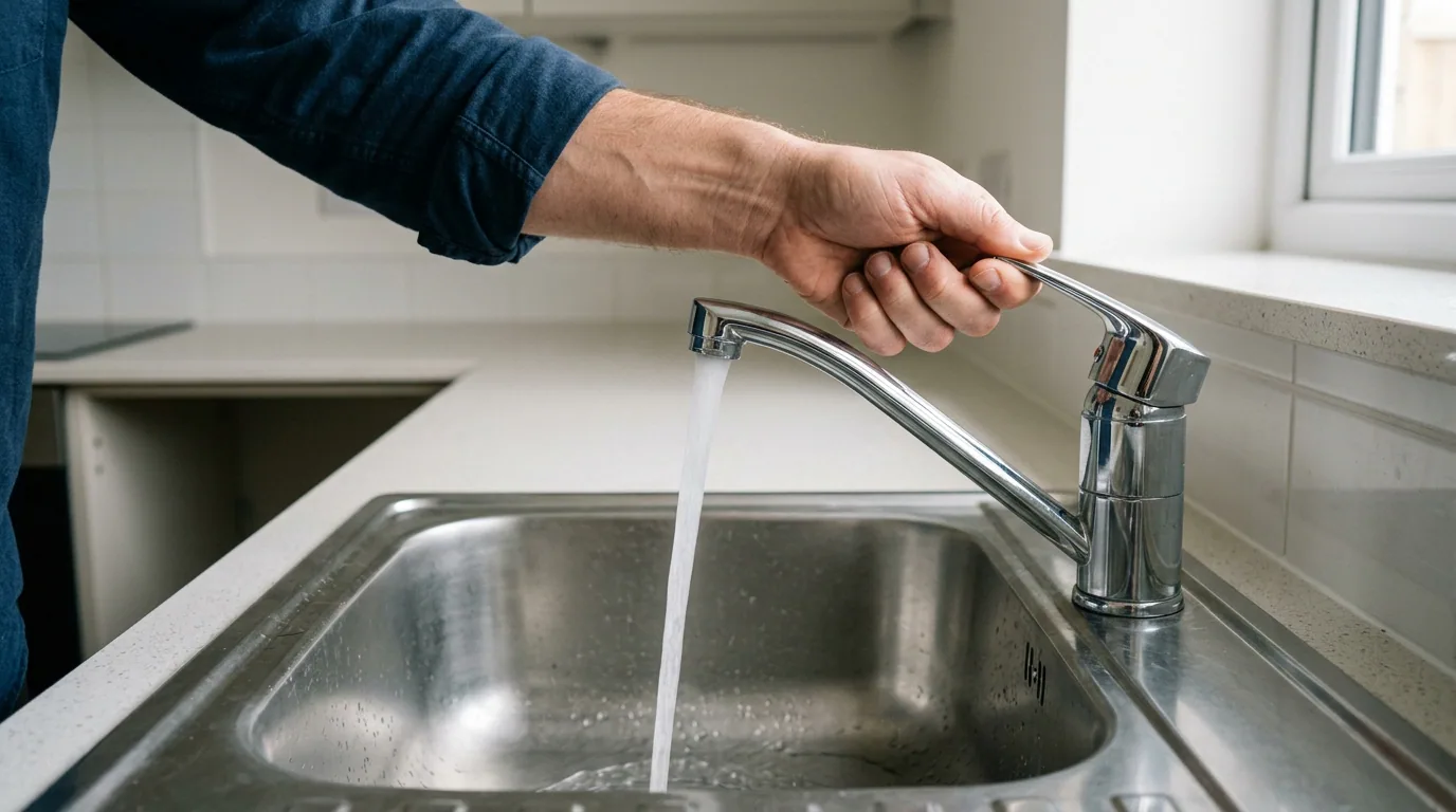 Acta de entrega de un arriendo: mano abriendo la llave de un lavaplatos, con el chorro de agua cayendo sobre el artefacto.