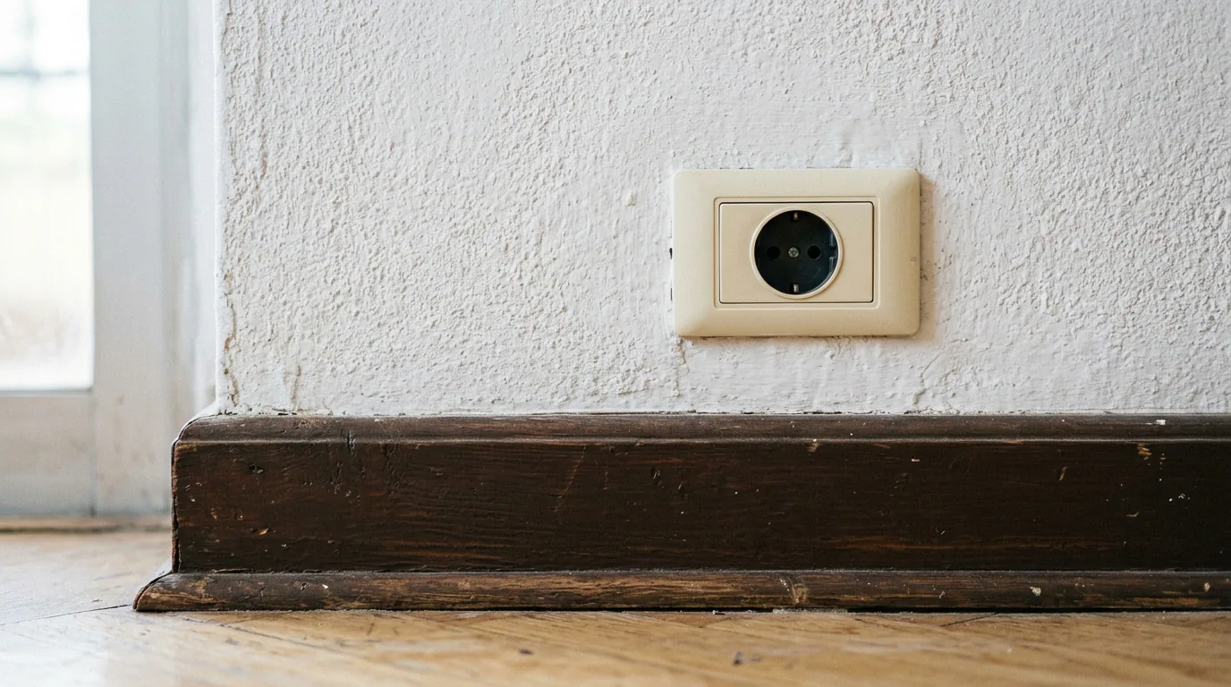 El arrendador no devuelve la garantía: enchufe y guardapolvo de madera con marcas de uso en el muro de una vivienda antigua.