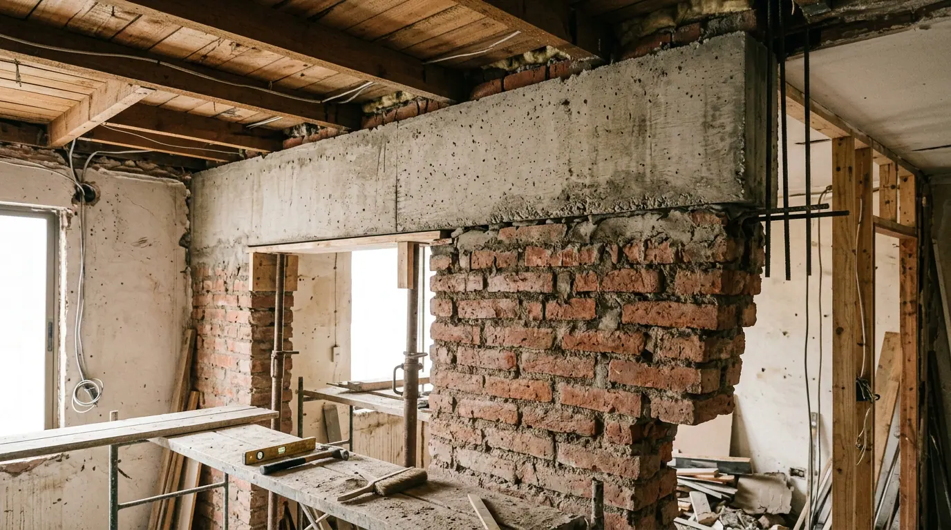 Botar un muro: muro de ladrillo parcialmente demolido durante la remodelación de una vivienda.