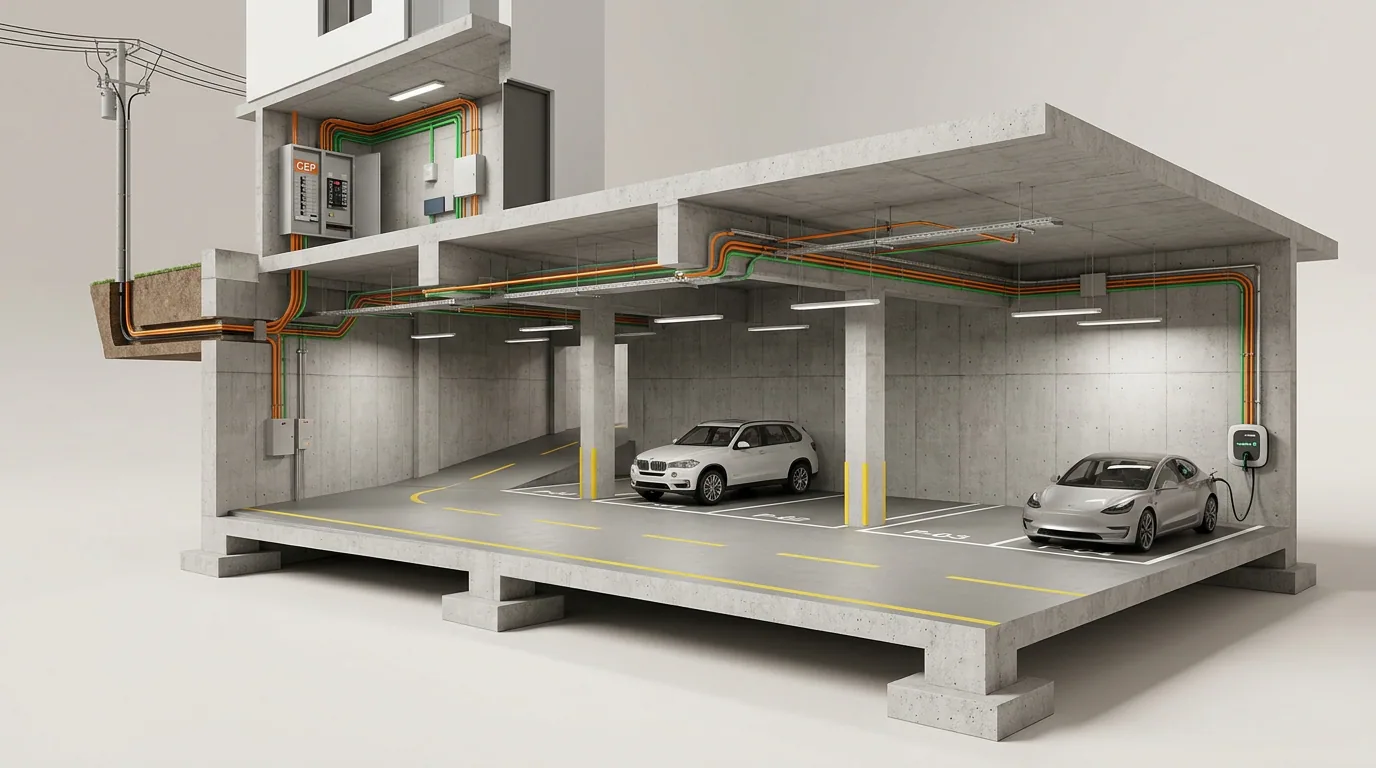 Cargador de auto eléctrico en un condominio: corte de un estacionamiento subterráneo con la canalización eléctrica hacia los cargadores.
