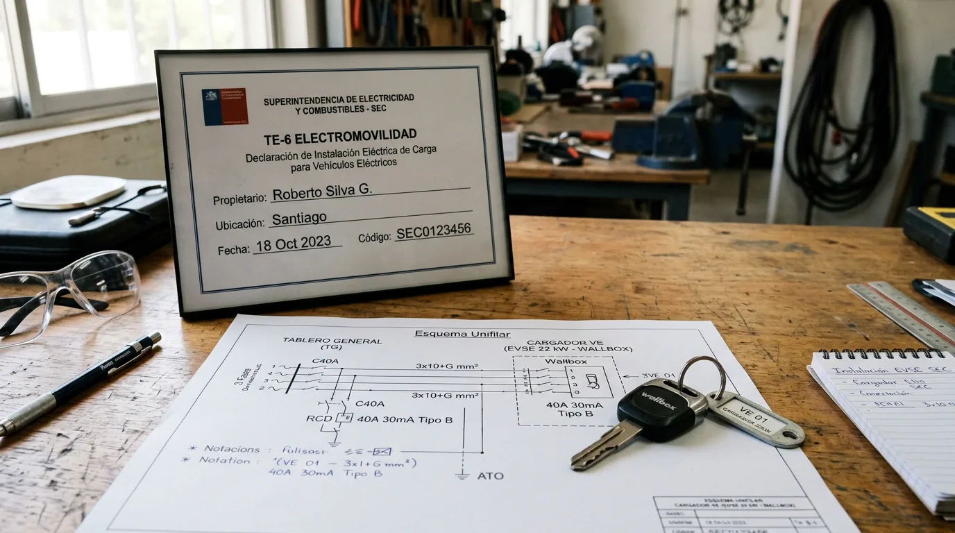 Cargador de auto eléctrico en un condominio: declaración de instalación de carga para vehículo eléctrico enmarcada, junto al esquema unifilar del tablero y unas llaves de auto.