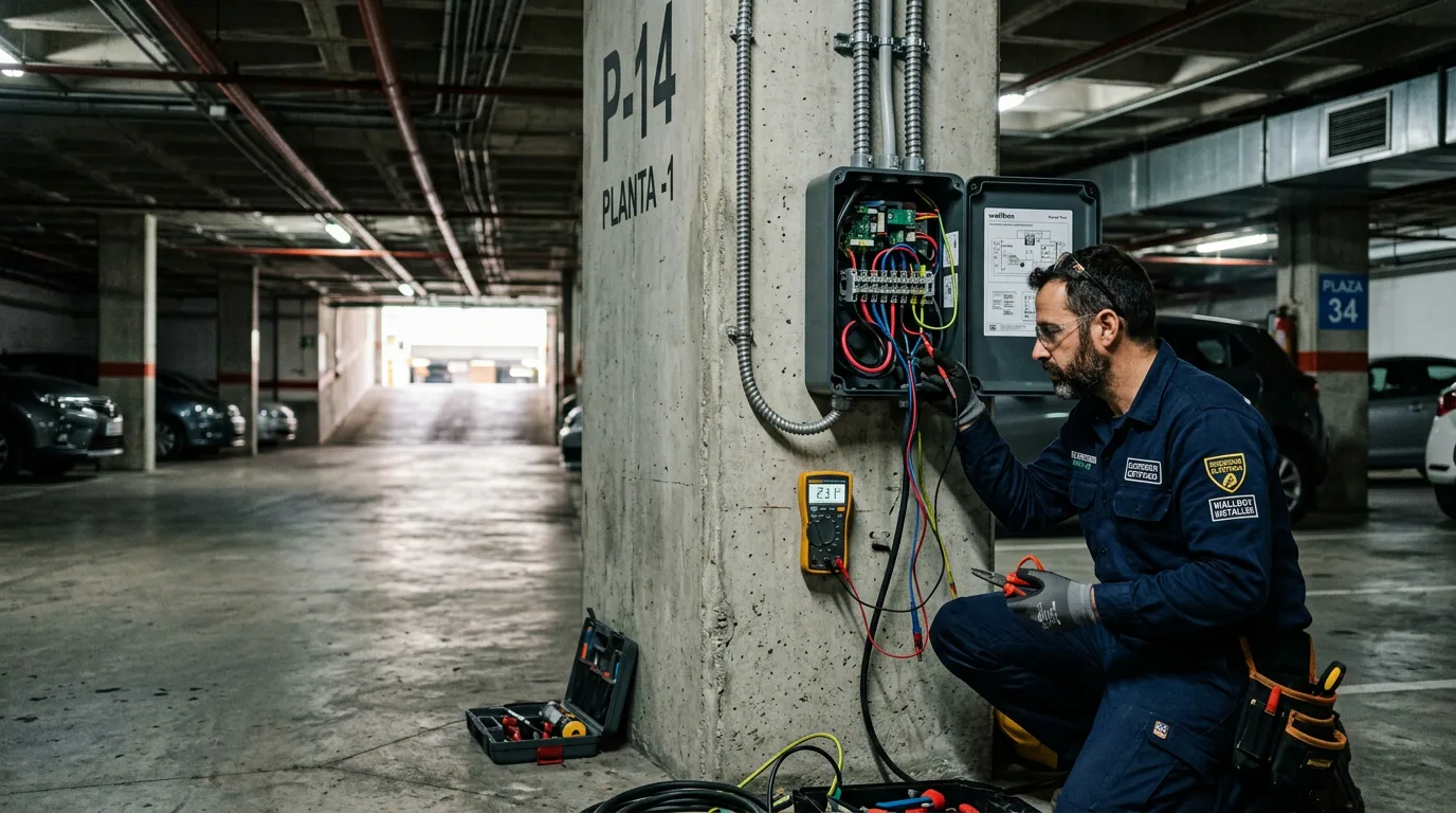 Cargador de auto eléctrico en un condominio: técnico midiendo con instrumento un tablero eléctrico en el subterráneo de un condominio.