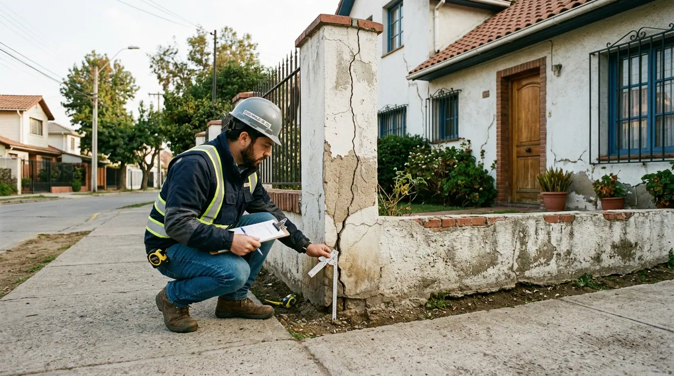 La casa después del sismo: inspector revisando la fachada agrietada de una vivienda en una calle residencial.