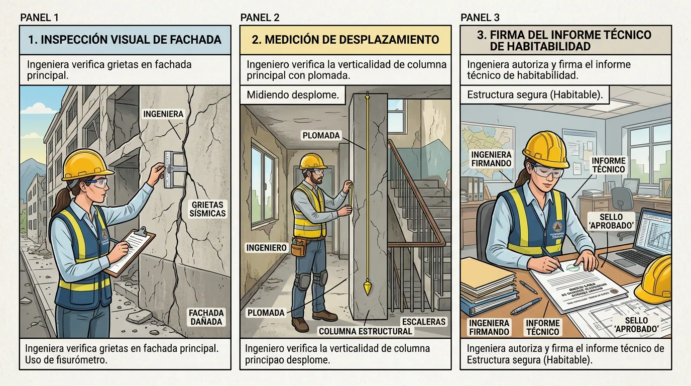 La casa después del sismo: revisión de fachada, medición de desplome e informe.