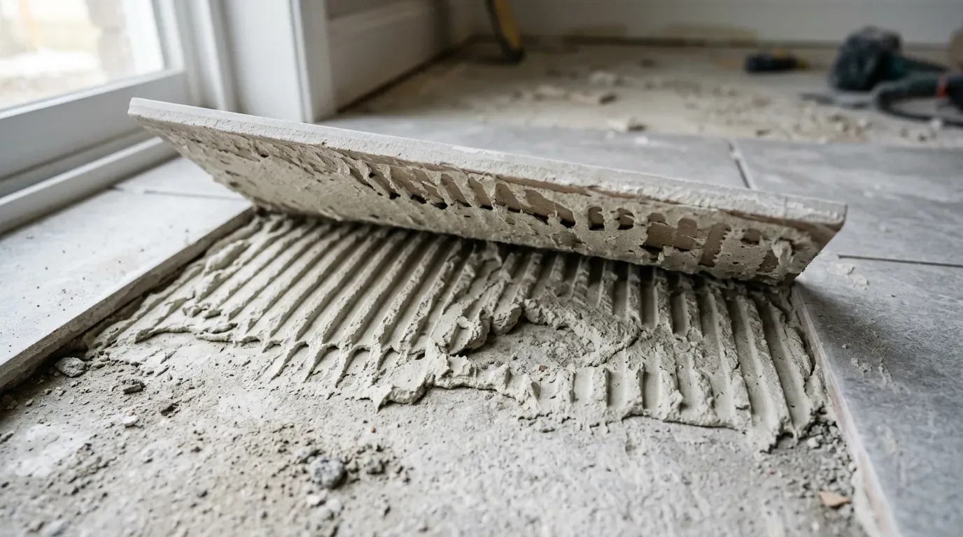Cerámica que suena hueca: vara de percusiometría acústica sobre piso de porcelanato marcado con cinta por sonido hueco.