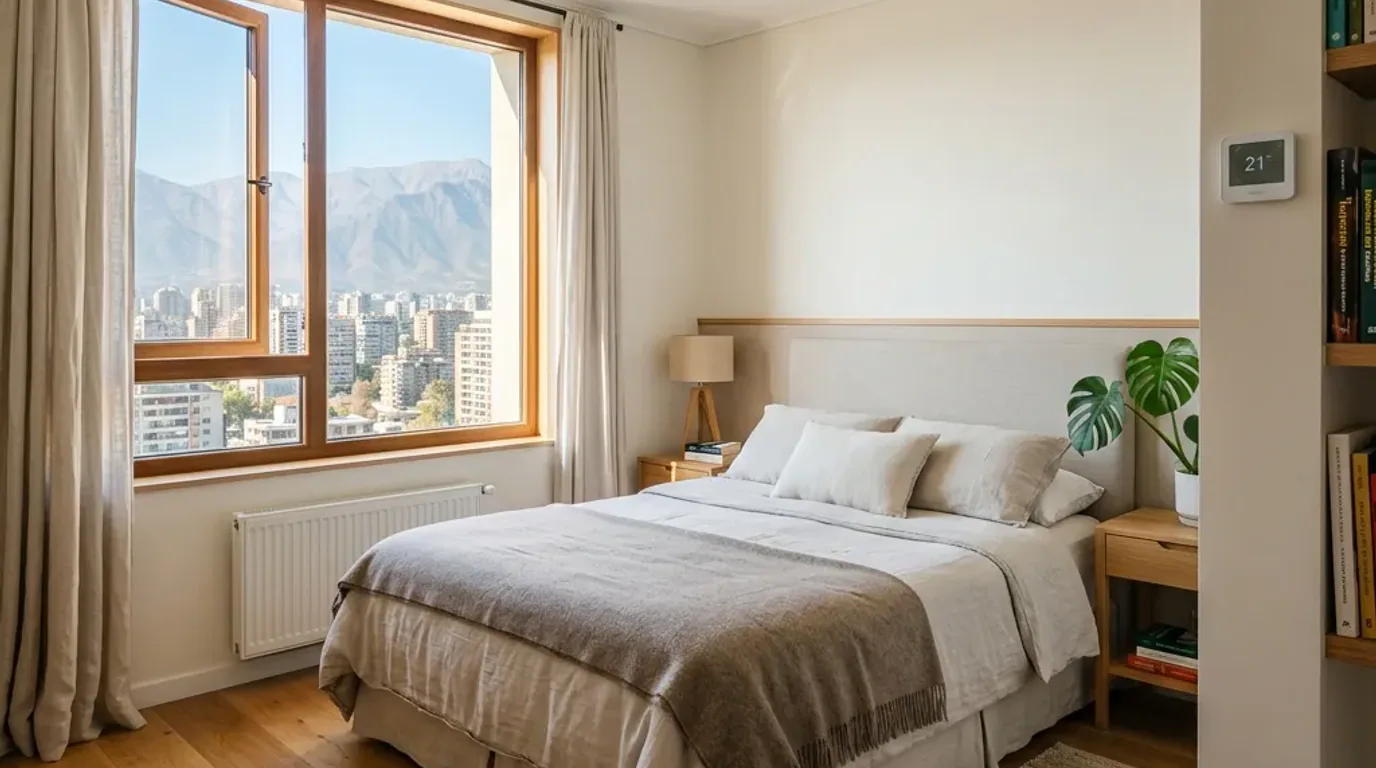 Cerrar la terraza sin permiso: logia de departamento cerrada con ventanal hermético frente a un calefón, sin ventilación normativa SEC
