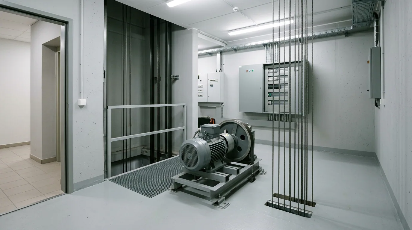 Certificaciones obligatorias de un condominio: sala de máquinas de un ascensor con el motor, el tablero de control y los cables de tracción.