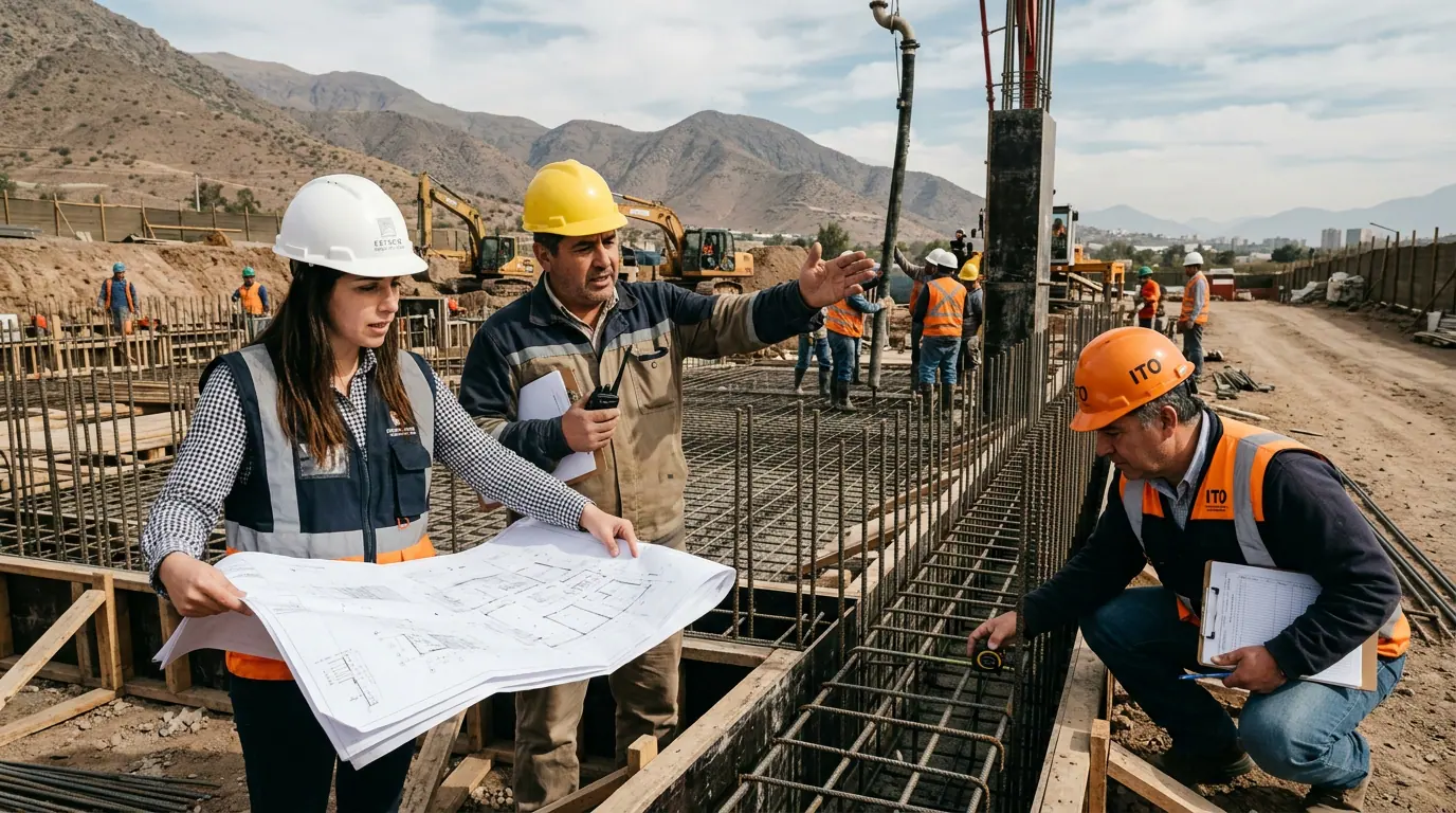 Fuga de agua oculta: equipo técnico revisando planos desplegados junto a la enfierradura de una fundación en obra.