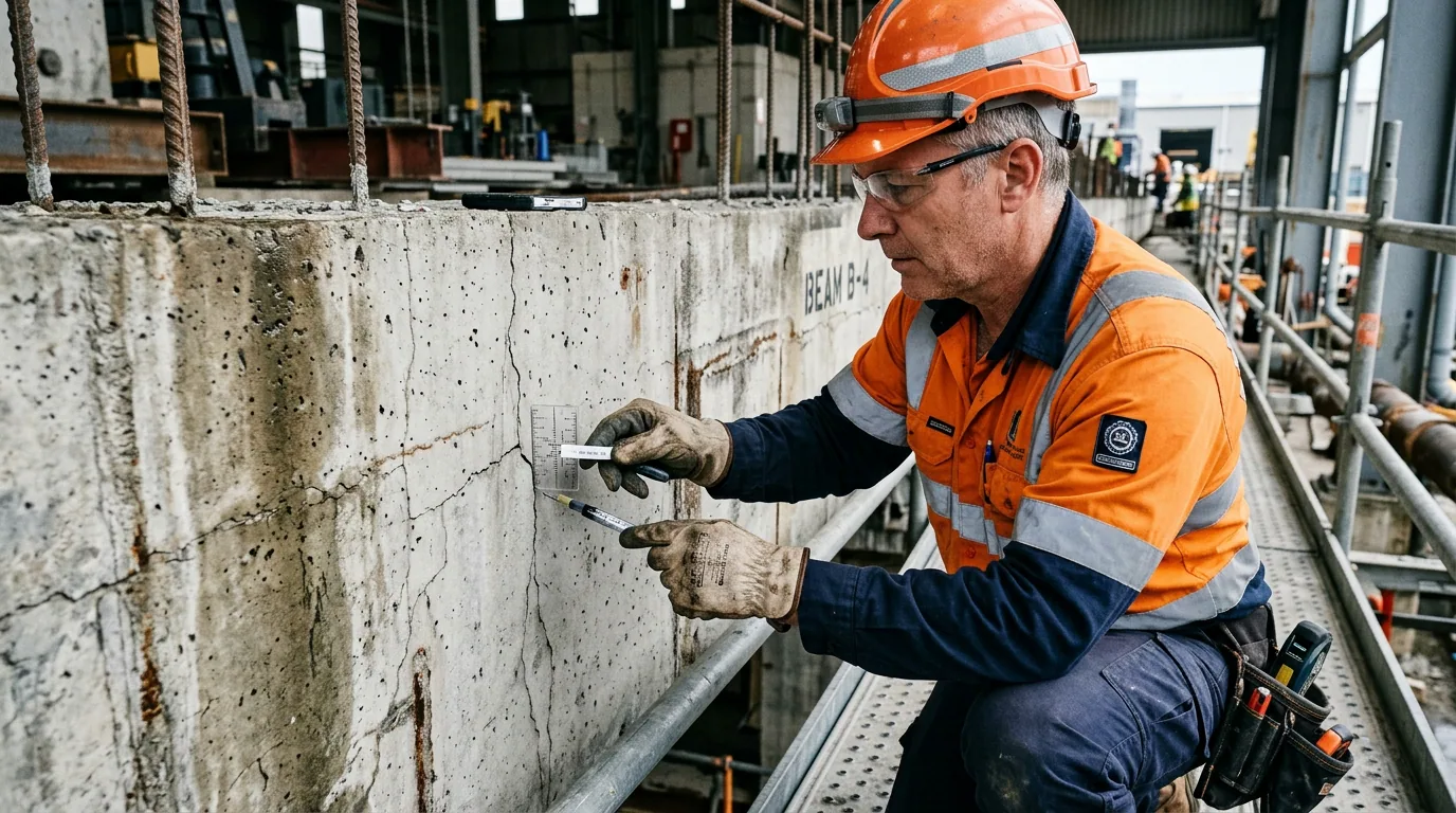 Cómo se prueba un daño de construcción: especialista marcando y midiendo una fisura sobre un muro de hormigón en obra.