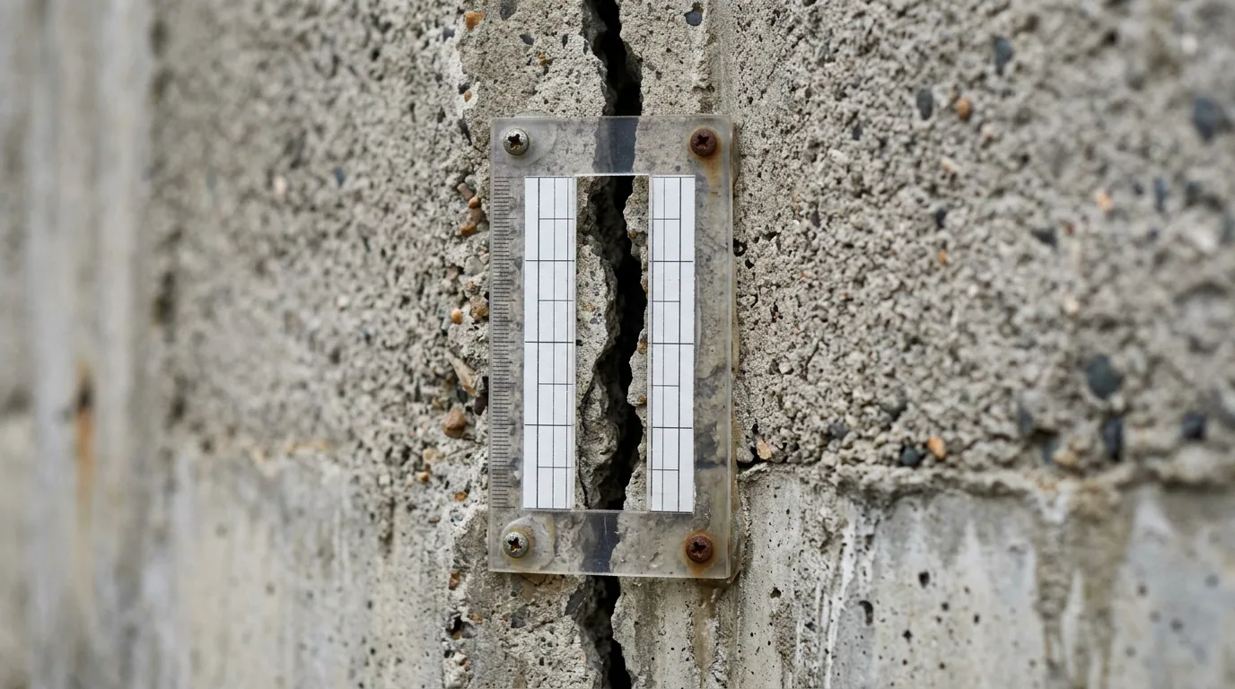 Cómo se prueba un daño de construcción: testigo de vidrio graduado instalado sobre una grieta de un muro de hormigón.