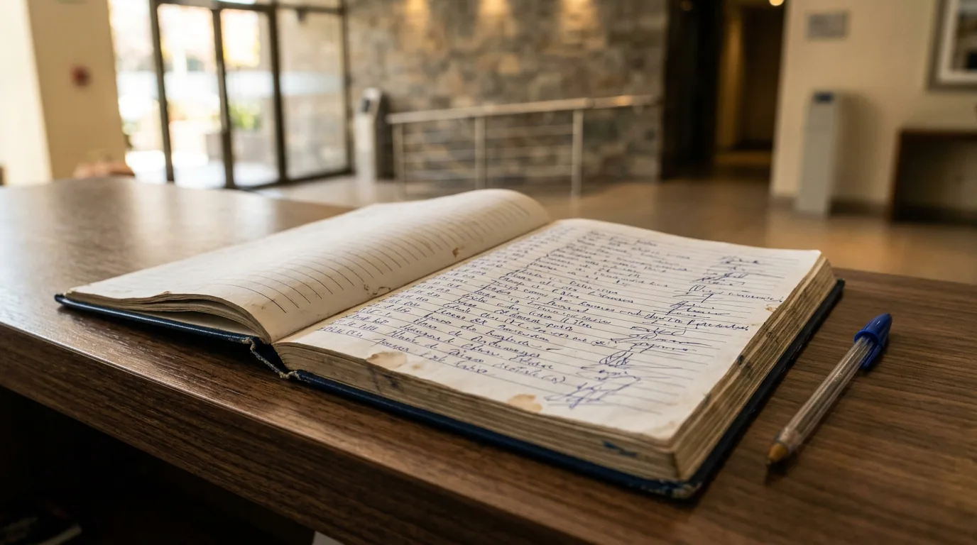 Cómo se protege un administrador: libro de actas de una comunidad abierto sobre un escritorio, con anotaciones manuscritas.