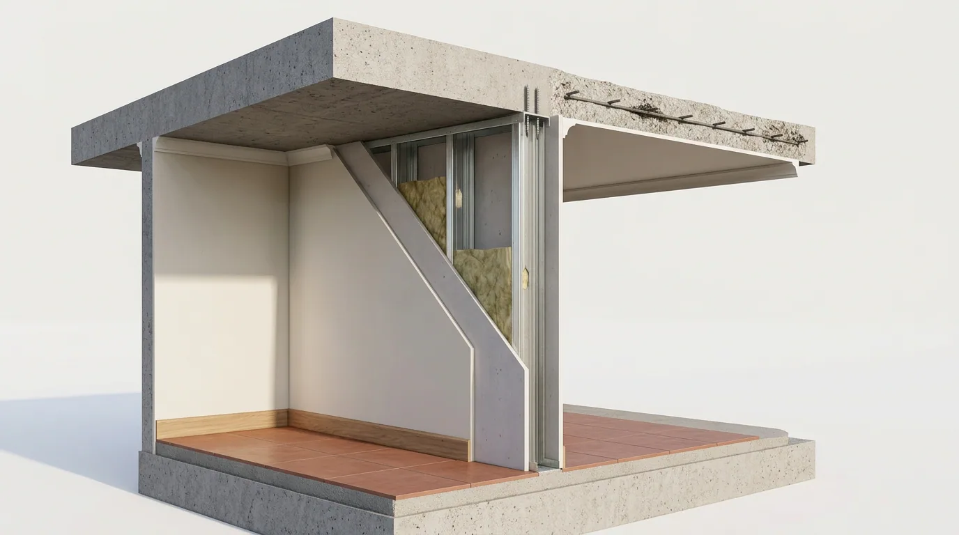 Un comprador reclama después de la venta: modelo en corte de una terraza en voladizo con su losa, pavimento y encuentro con el ventanal.