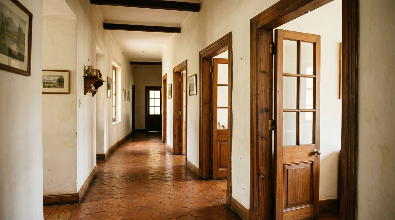 Un comprador reclama después de la venta: pasillo interior de una vivienda antigua con puertas de madera y piso de baldosa.