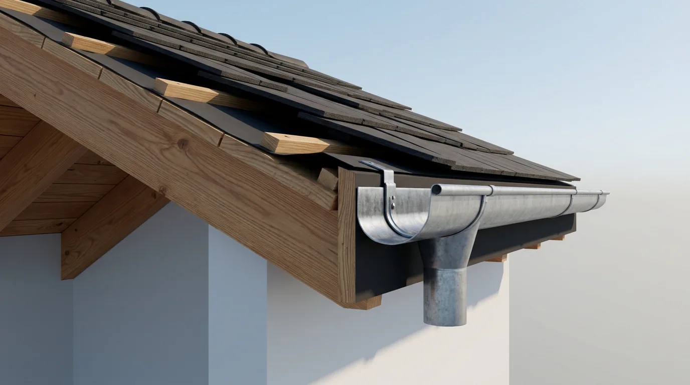 Comprar una casa para remodelar: revisión previa: detalle del alero de una cubierta con la canal de aguas lluvia y su bajada.