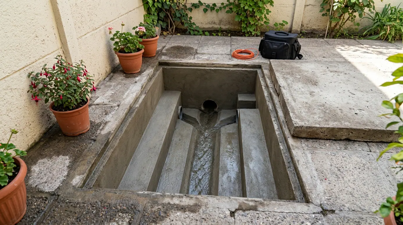 Comprar una casa para remodelar: cámara de alcantarillado abierta en el patio de una vivienda, con la descarga a la vista.
