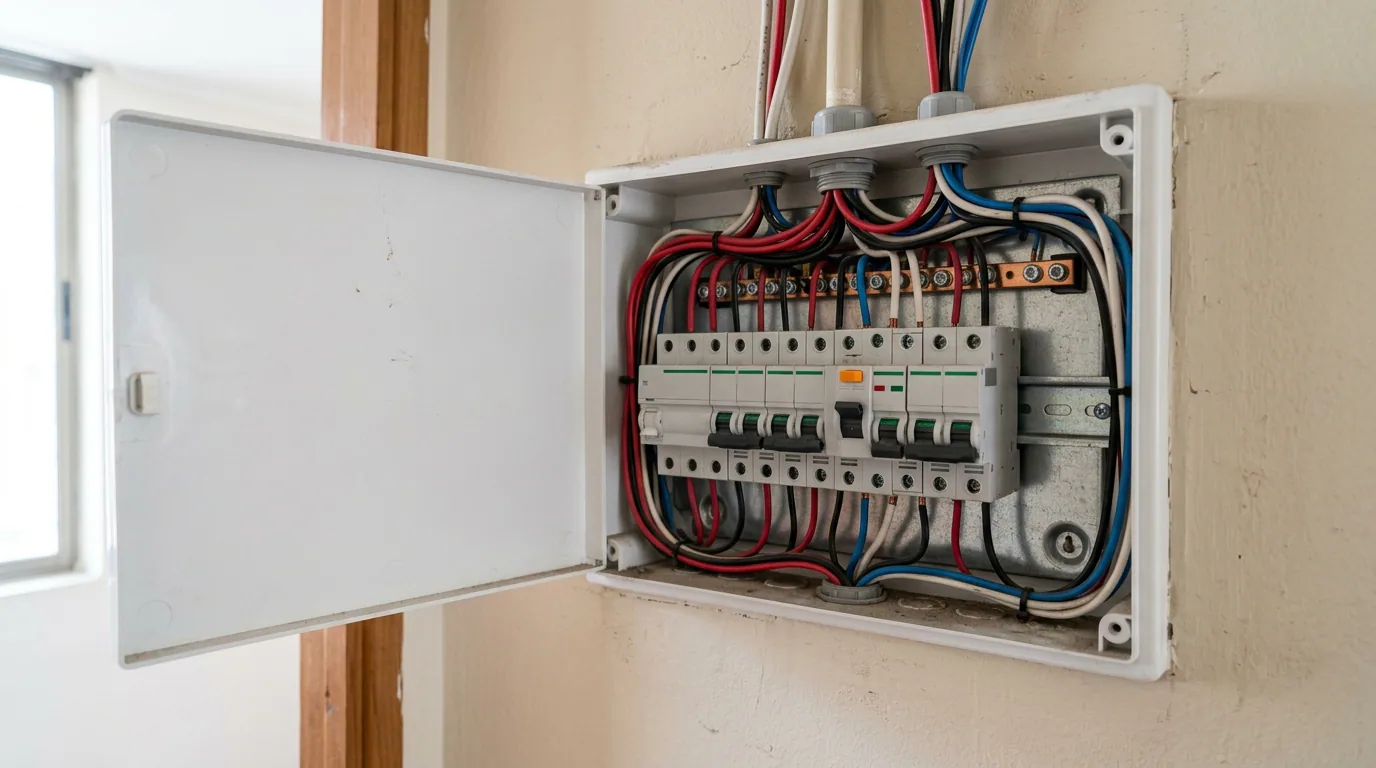 Comprar una casa para remodelar: tablero eléctrico abierto de una vivienda, con automáticos y cableado a la vista.
