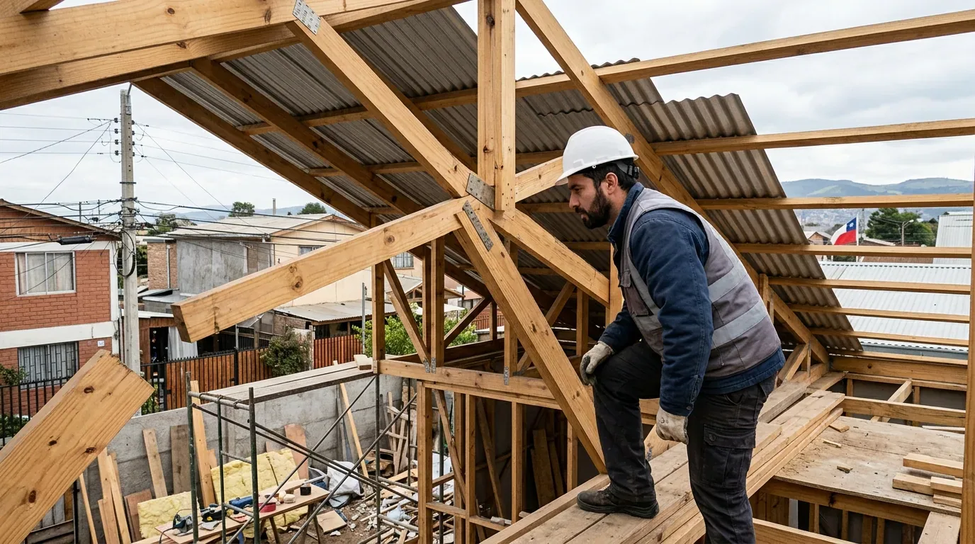 Compré una casa con problemas: inspección con linterna desde la escotilla de acceso a un entretecho, con el envigado a la vista.