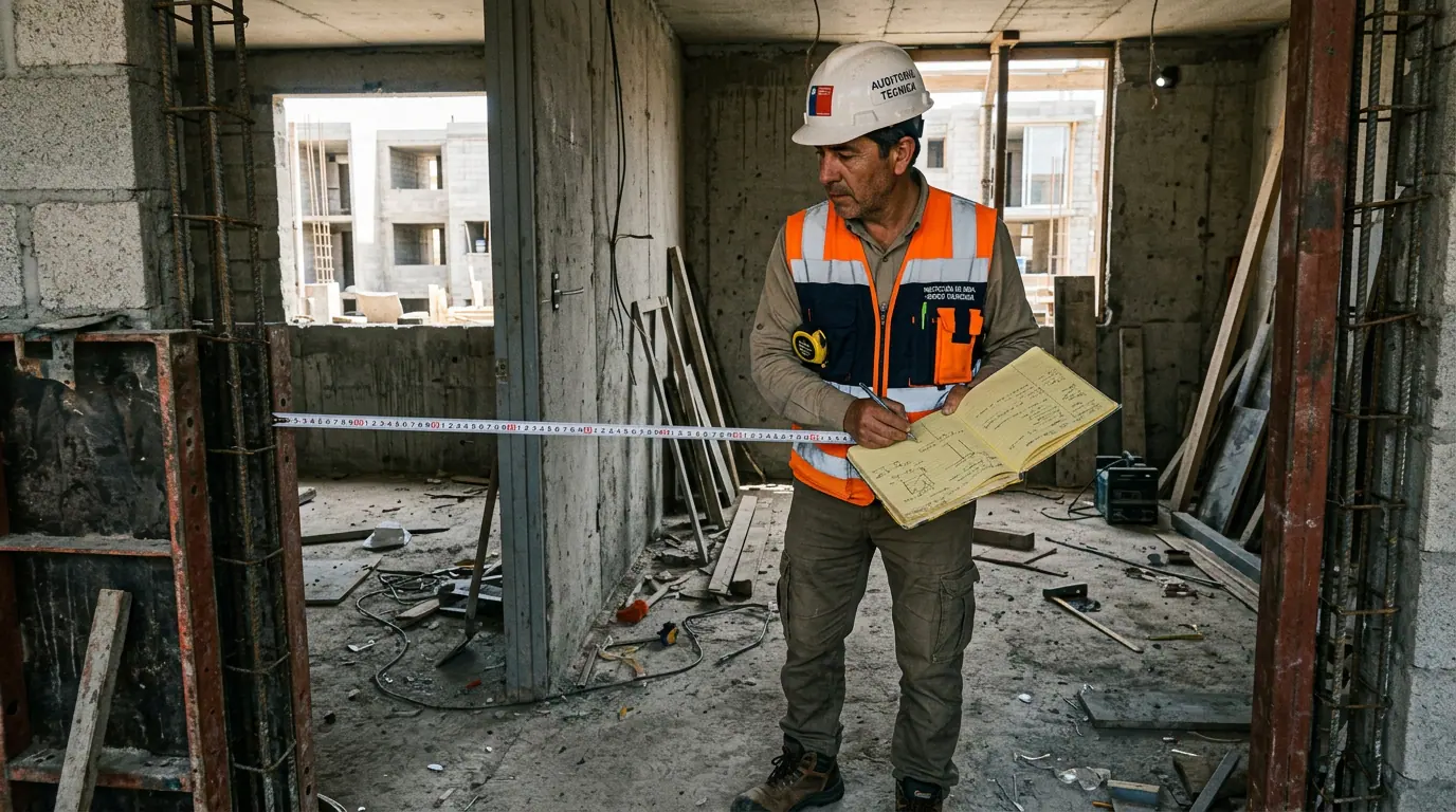 El contratista abandonó la obra: inspector midiendo con huincha el avance de una obra gruesa detenida.