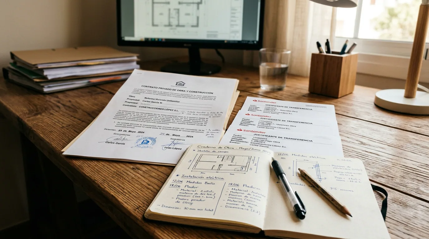 El contratista abandonó la obra: contrato de construcción y libro de obra manuscrito sobre un escritorio de trabajo.