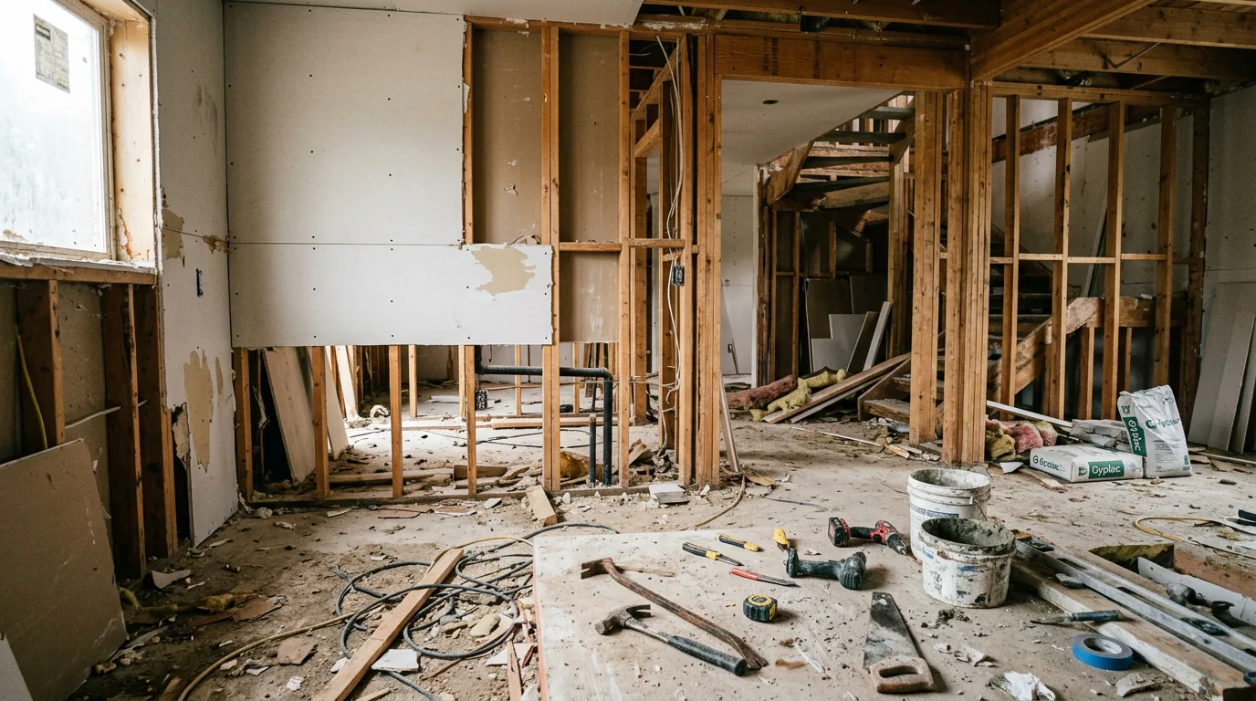 El contratista abandonó la obra: interior de una obra detenida, con tabiques a medio armar, herramientas y escombros en el suelo.