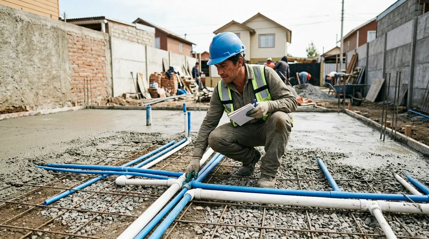 Contrato de construcción: cronograma de obra impreso y fijado al muro de la faena con avances marcados a mano.