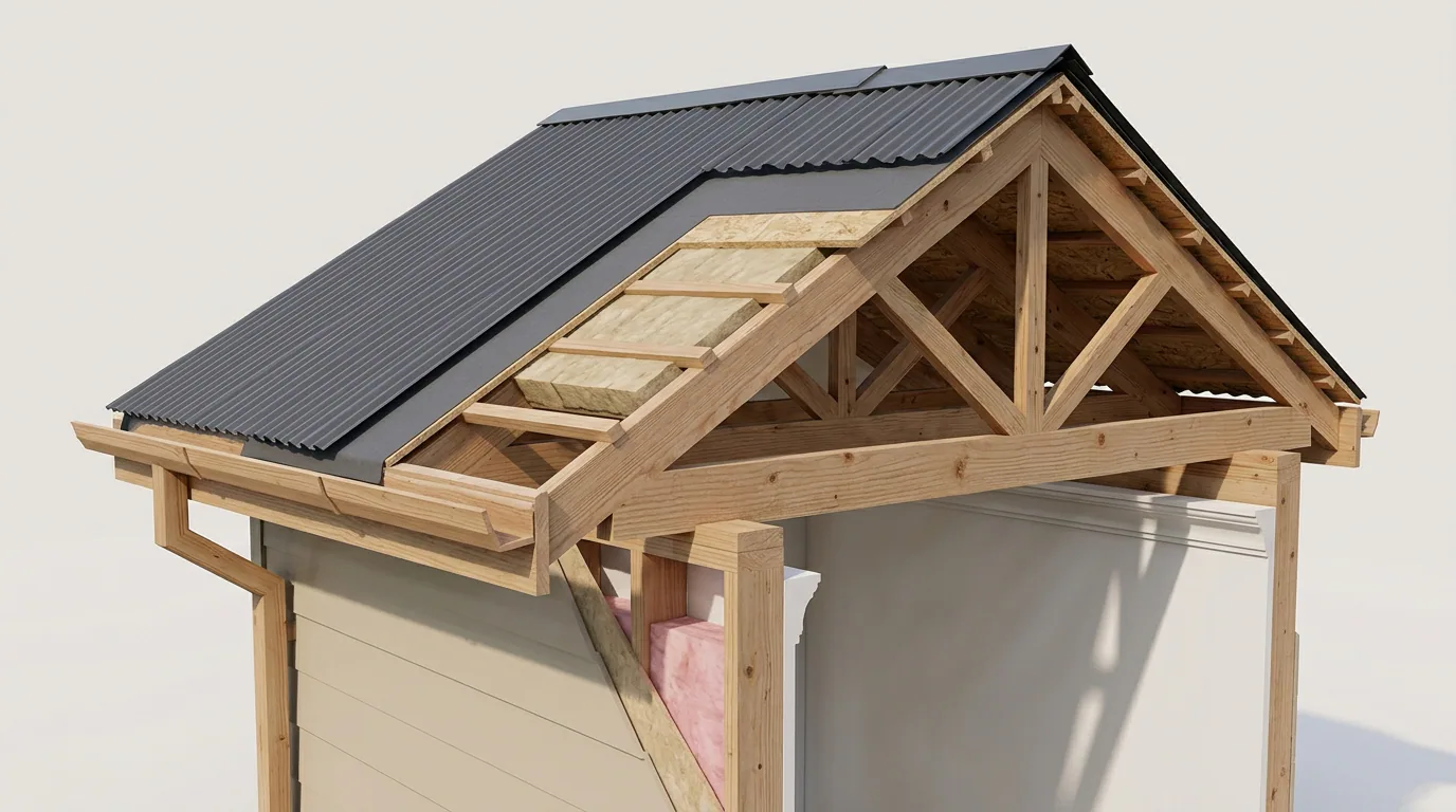 Responsabilidad del corredor: modelo de la estructura de cubierta de una vivienda, con cerchas de madera y cubierta metálica.