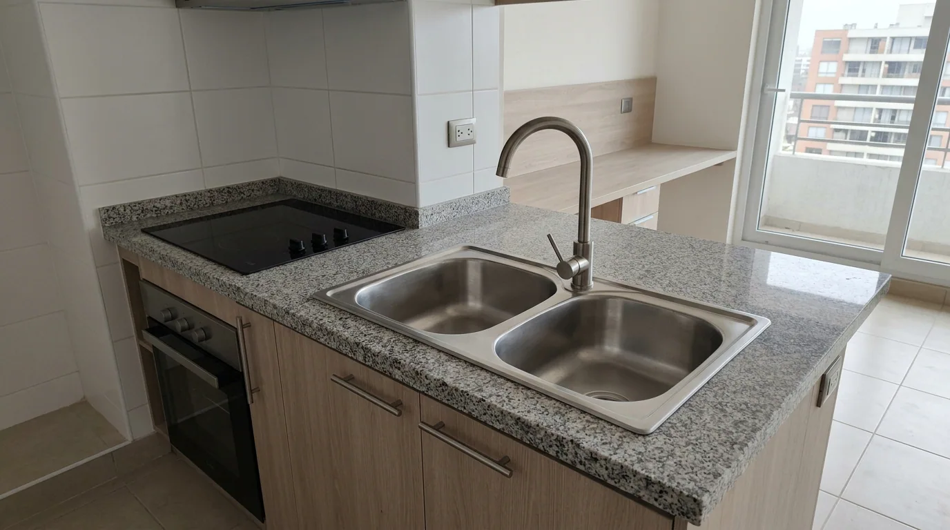 Corretaje de arriendo: cocina de un departamento para arriendo con encimera, horno y lavaplatos de doble cubeta.