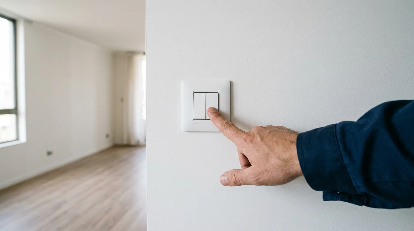 Corretaje de arriendo: recinto vacío de un departamento junto al detalle de una mano accionando un interruptor de luz.
