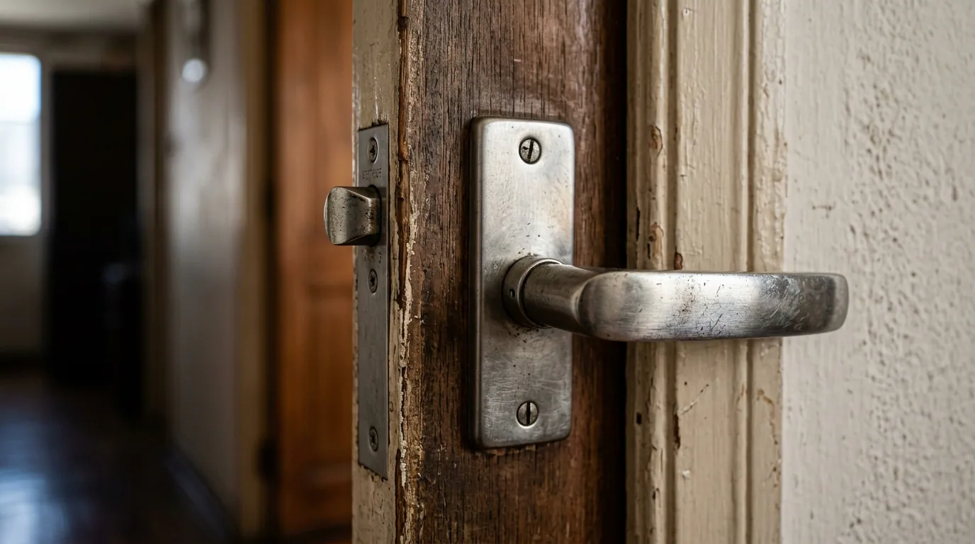 Corretaje de arriendo: manilla metálica y placa de una puerta de madera antigua con desgaste de uso.