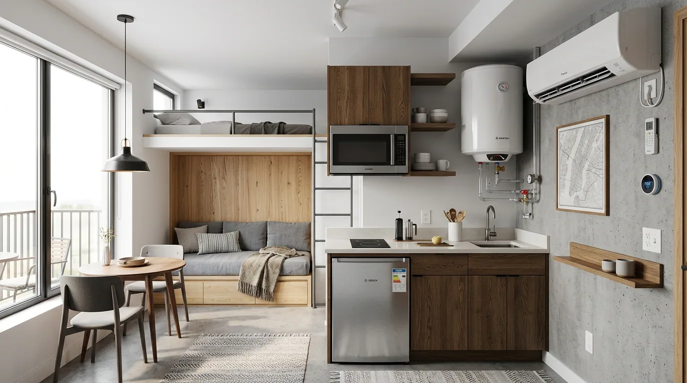 Cuenta de luz alta en un departamento nuevo: cocina integrada de un departamento full electric, con encimera eléctrica, termo y aire acondicionado.