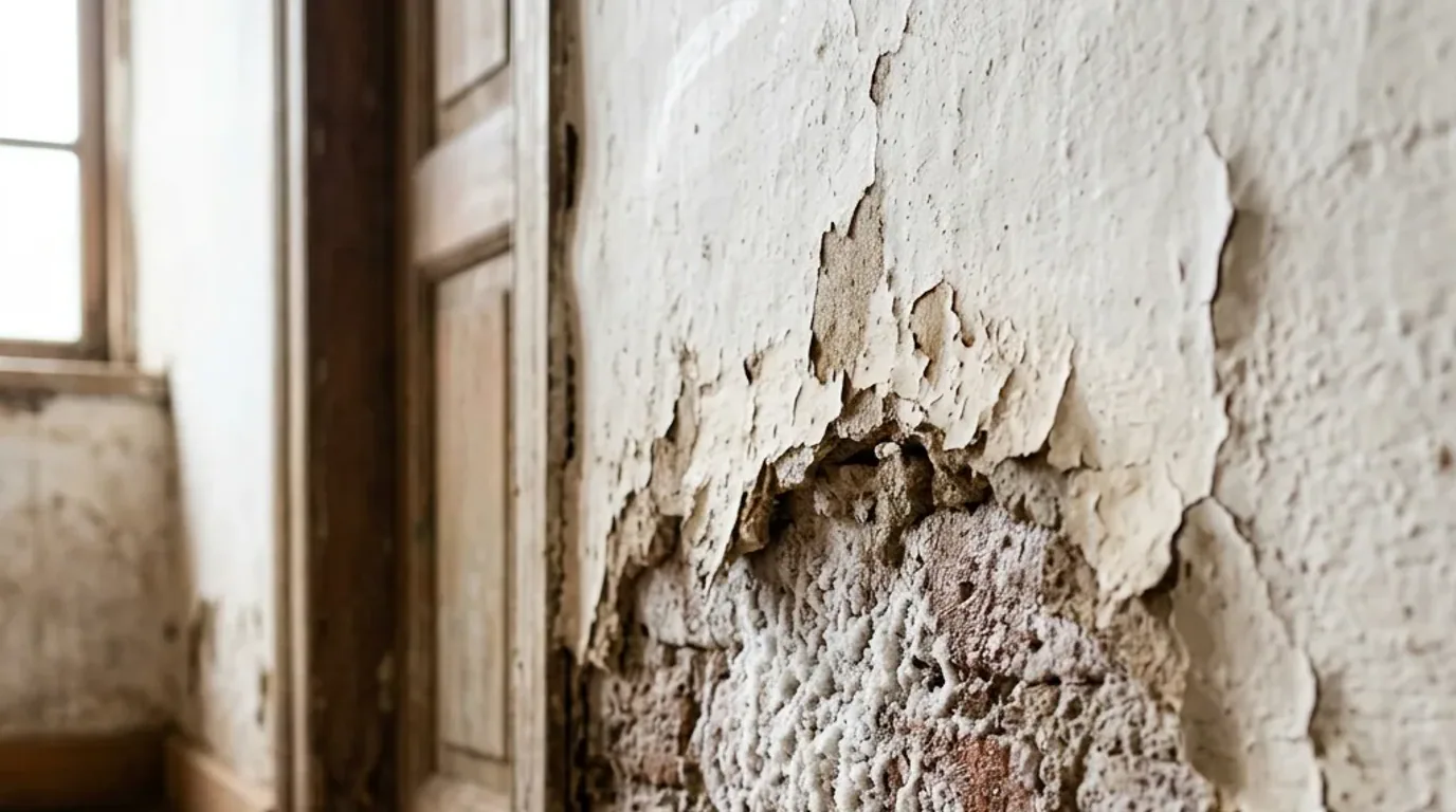 Humedad en la casa: daño severo en estuco y albañilería interior producto de humedad por capilaridad y eflorescencia salina.