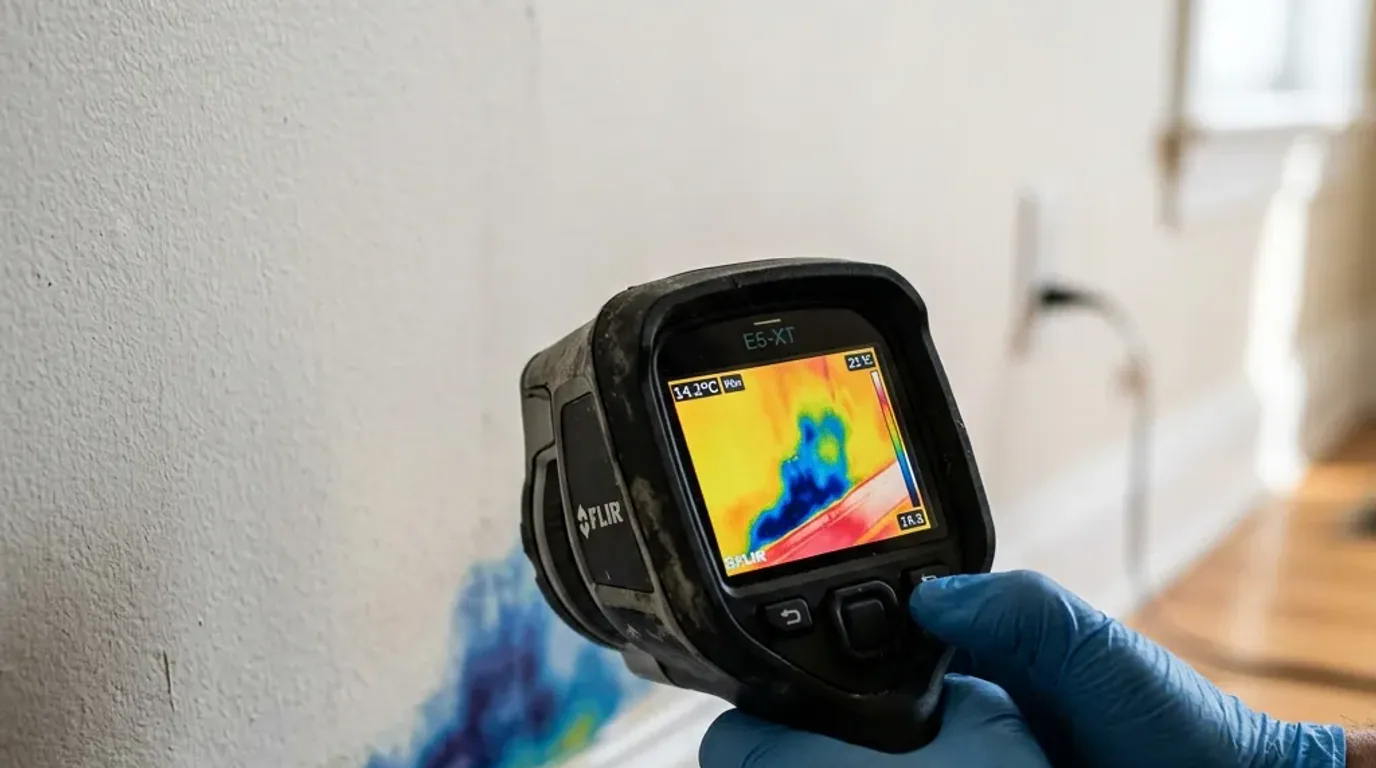 Humedad en la casa: inspección de muro interior utilizando cámara termográfica para detectar anomalías hídricas invisibles.