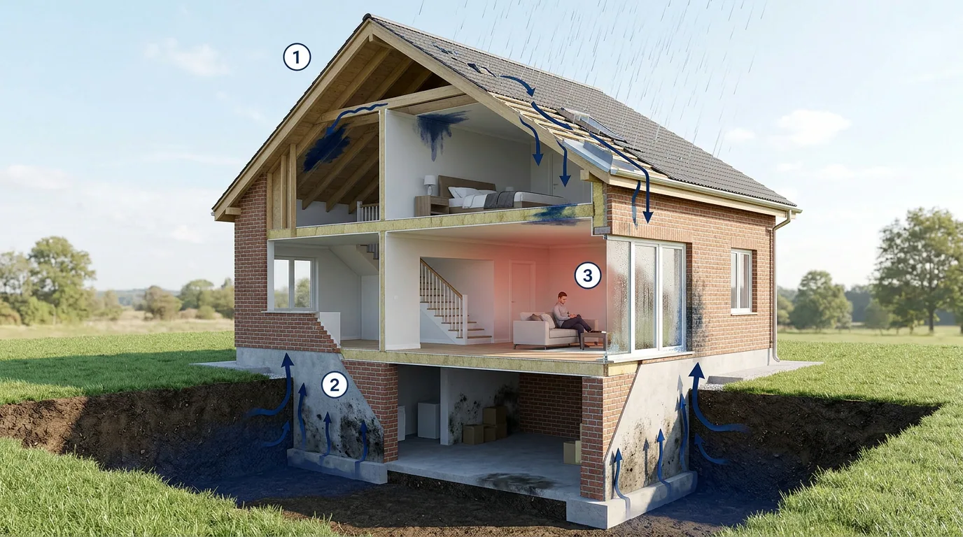 Humedad en la casa: corte de una vivienda que muestra las tres vías por las que entra el agua: cubierta, terreno y condensación interior.