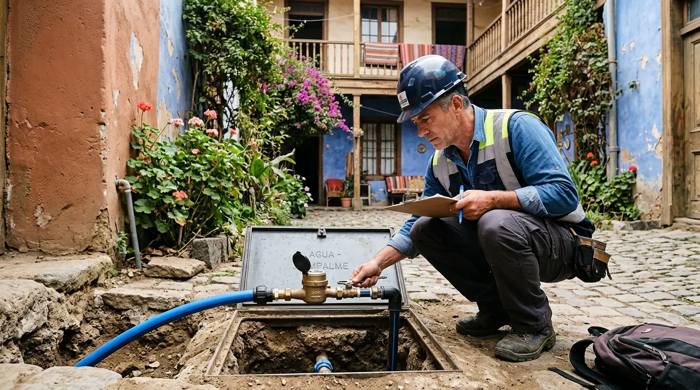 Dividir una casa heredada: técnico revisando el nicho de un medidor de agua potable en el antejardín de una vivienda.