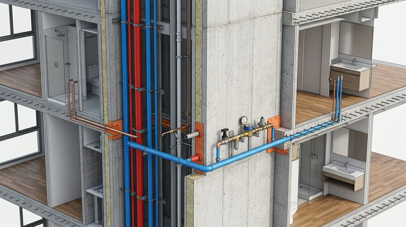Filtración por bien común o privada: corte de un edificio que muestra el recorrido de las instalaciones sanitarias entre pisos.