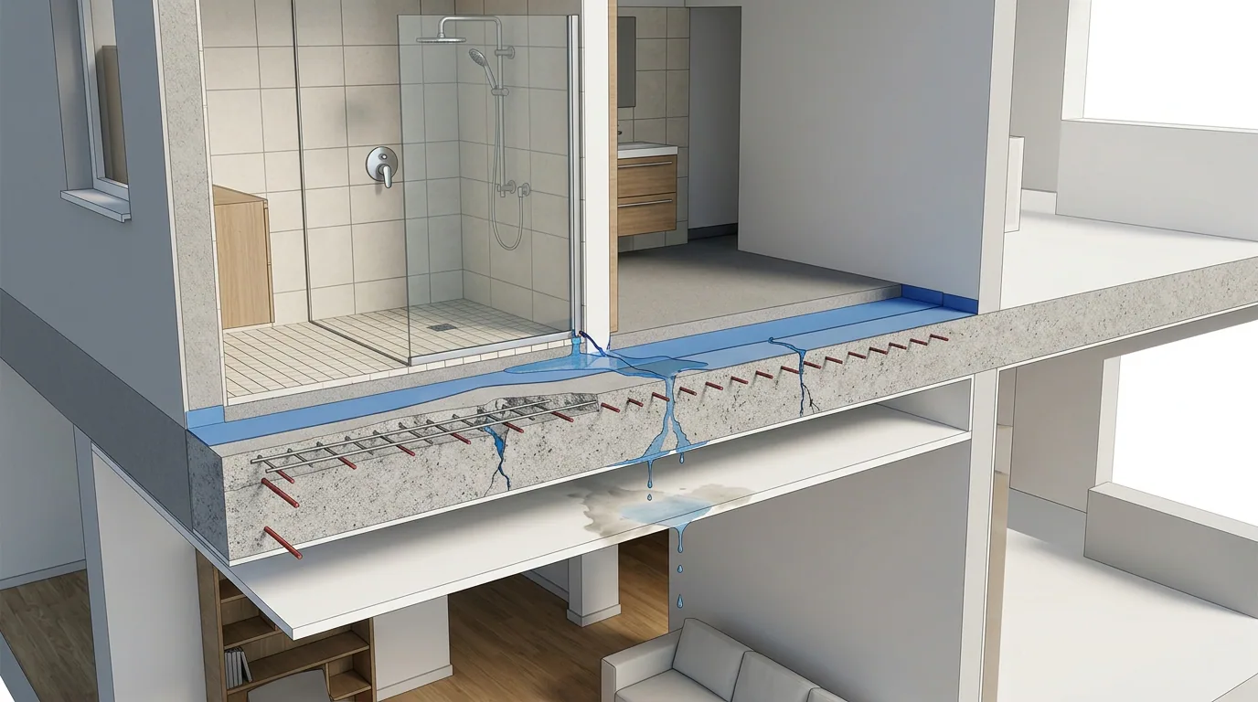 Filtración del vecino de arriba: corte de la losa de un baño que muestra el camino del agua hasta el departamento de abajo.