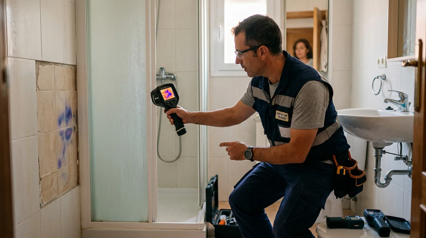 Filtración del vecino de arriba: técnico revisando con cámara termográfica el muro de un baño junto al lavamanos.