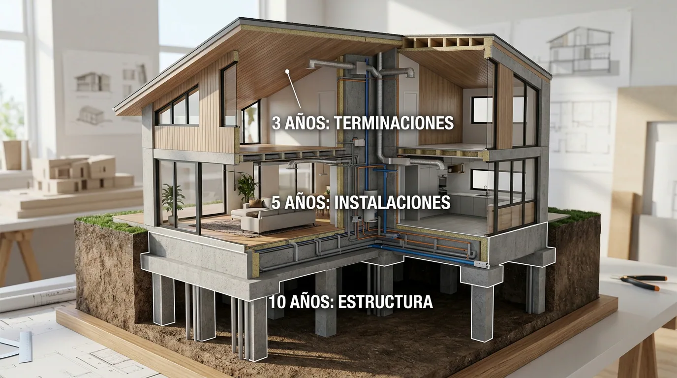 Garantía del contratista: restos de materiales de la obra reunidos en una caja, con retazos de cerámica y envases.