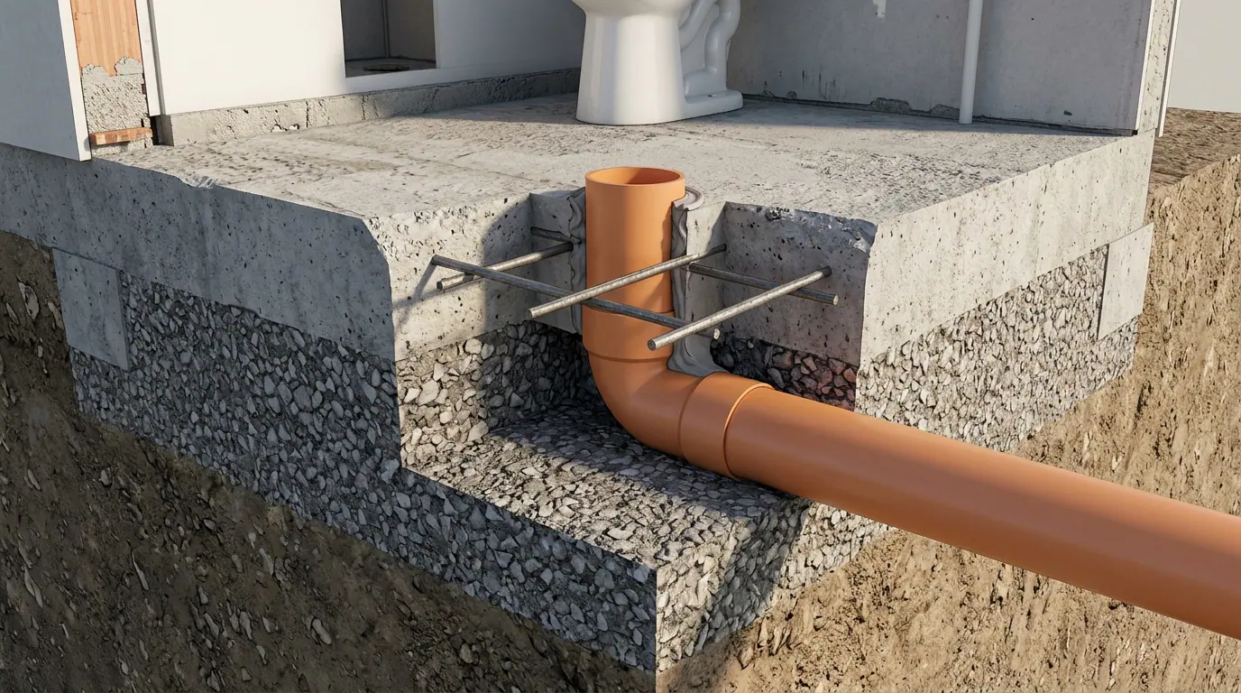 Garantía de un departamento nuevo: corte de una fundación que deja ver la instalación sanitaria enterrada bajo el radier.